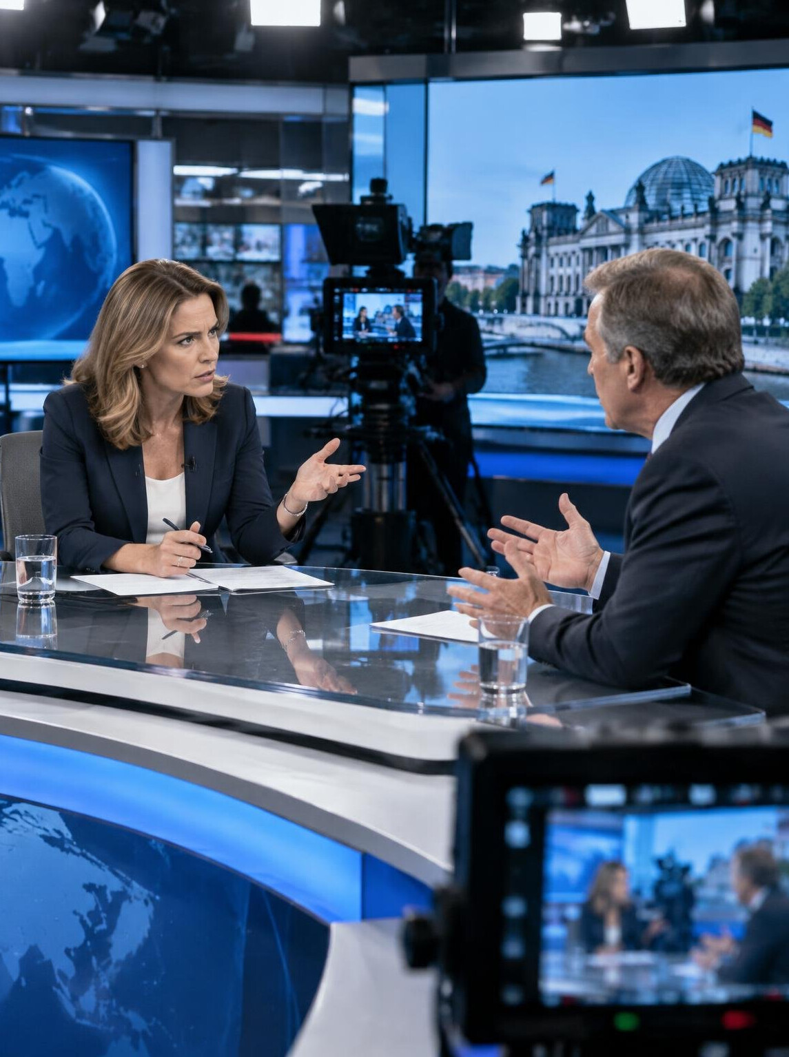 Tense moment between a news anchor and a guest in a TV studio during a live broadcast