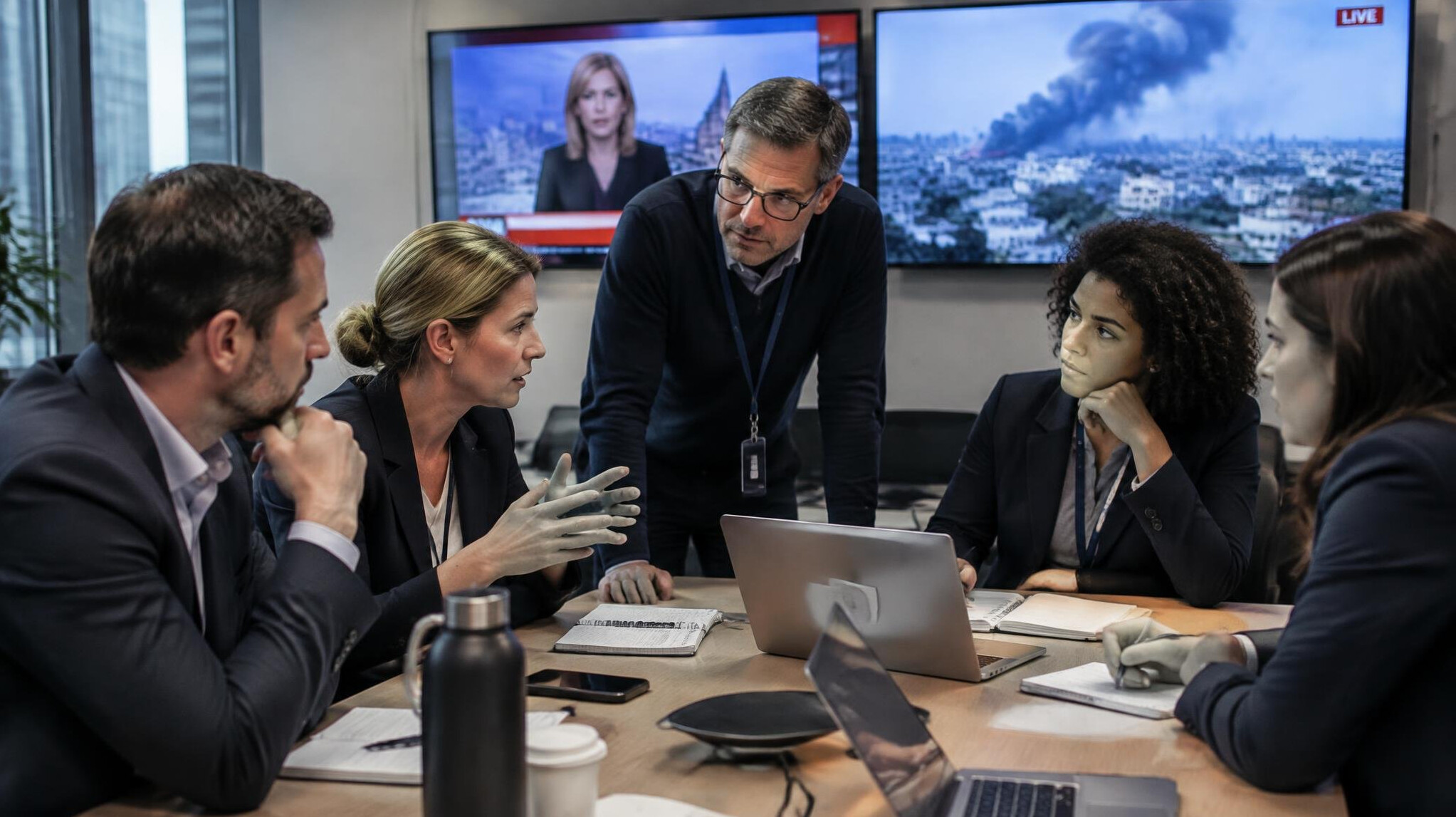 Crisis communication team in an urgent meeting with screens showing news coverage