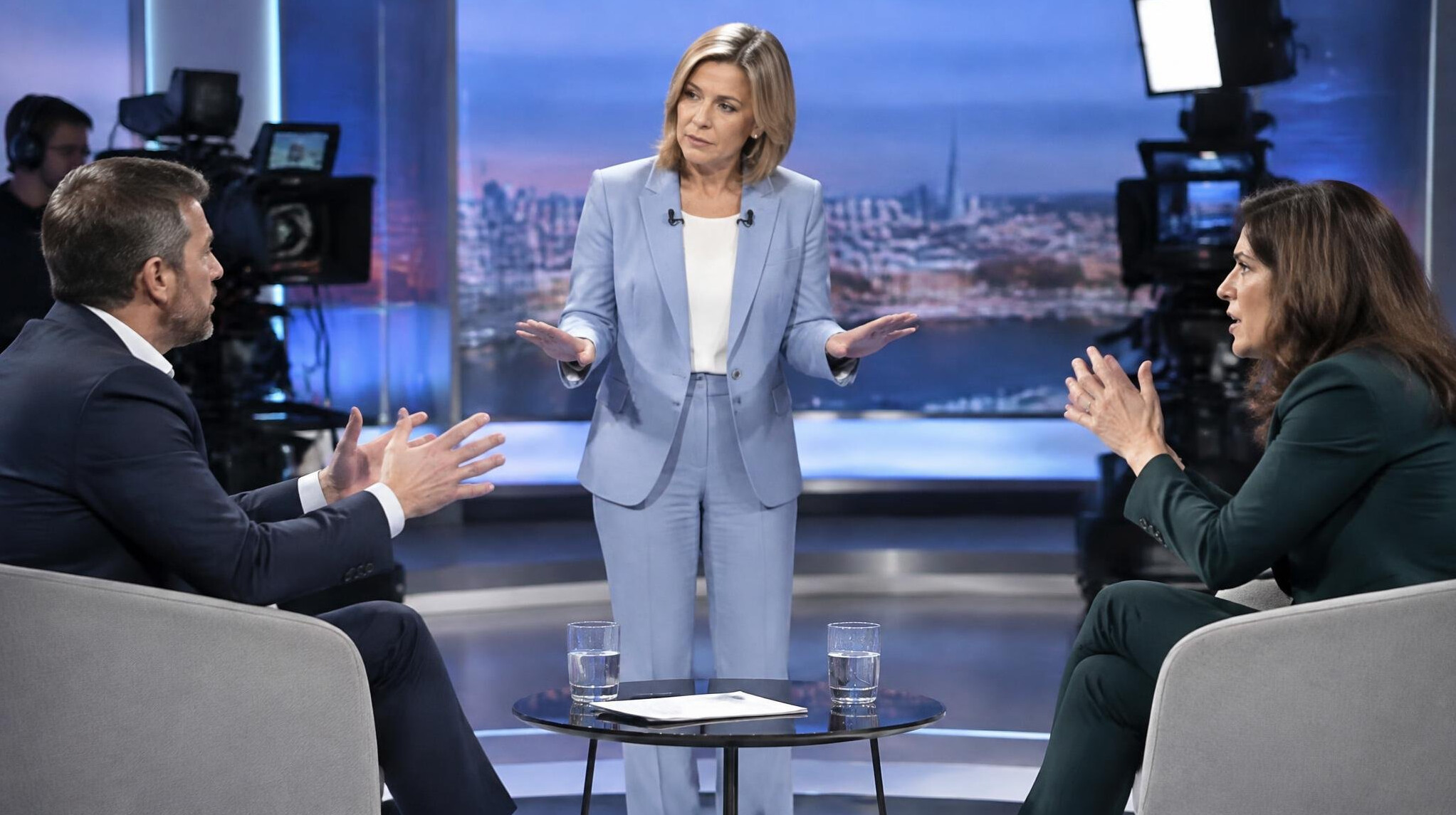 Mediator calmly intervening between two guests on a TV studio set